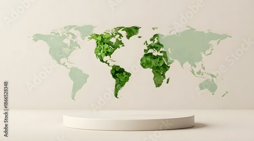 A 3D rendered world map with lush green foliage displayed on a white platform against a neutral background