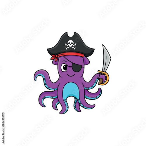 Cartoon Octopus Pirate Character with Sword.