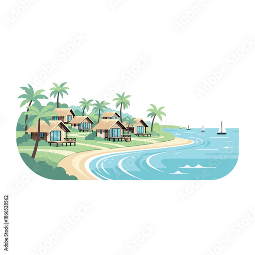 Tropical Beach Huts with Palm Trees.