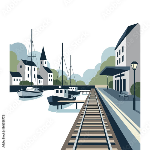 Illustration of Railway Station by Water.