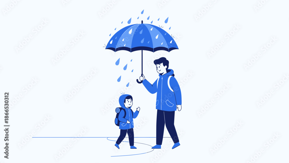 Fototapeta premium Father Protects His Son With Umbrella Walking In The Rain Together