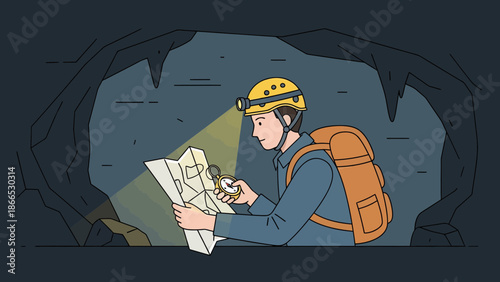 Exploring Deep: A Cave Explorer Navigating with Map and Compass in Darkness