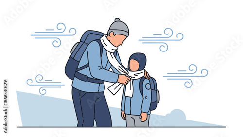 Father Taking Care Of Child Tying Scarf Before Outdoor Adventure Illustration