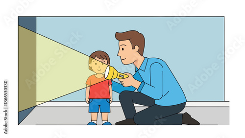 Father Shows Boy Flashlight Fun Adventure And Imagination Together In Room