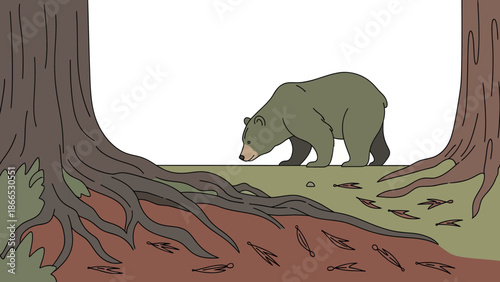 Exploring Wildlife Gray Bear Foraging In Forest Floor Between Massive Tree Roots