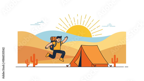 Exuberant Hiker Leaping Near His Tent In Desert Under Radiant Sun On Vacation