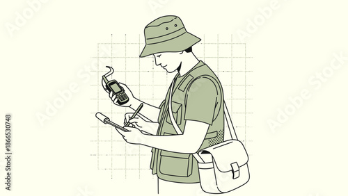 Field Researcher With Gps Device Notes Data In Tablet Illustration