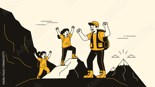 Family Hiking Adventure Reaching Summit Together Exploring Outdoors Achievement Concept