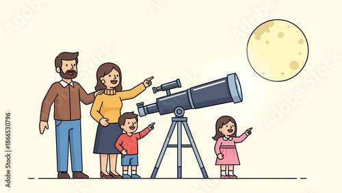 Family Stargazing With a Telescope Together Under the Moonlight Illustration