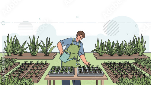 Farmer Watering Seedlings In Garden On Sunny Day Growing Vegetables