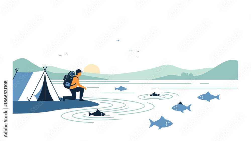 Fototapeta premium Fisherman Relaxing In Nature By Tent With Lake View And Mountain Landscape