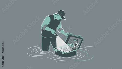 Fisherman Inspecting Tackle Box With Flashlight While Standing In Water