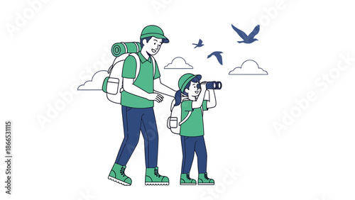 Father And Daughter Explore Nature Observing Birds With Binoculars In The Sky