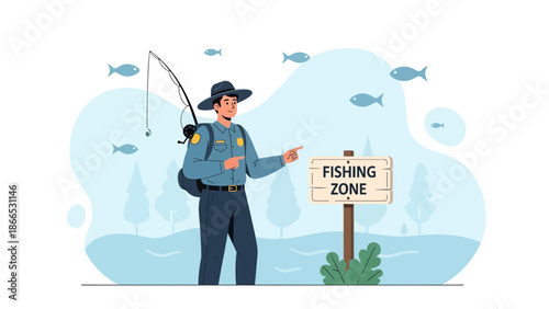 Fishing Warden Pointing At Designated Area Sign With Cartoon Fish Around