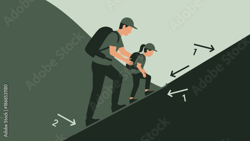 Father And Daughter Hiking Together Uphill Inspiring Journey To The Top