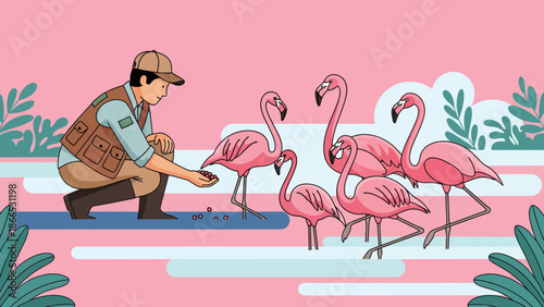 Flamingos Feeding Time At The Zoo Depicting Animal Conservation And Professional Care