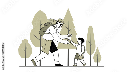 Father And Son Enjoying A Refreshing Drink While Hiking Adventure Together