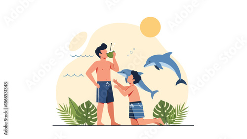 Father And Son Enjoying Tropical Beach Holiday With Dolphins Illustration