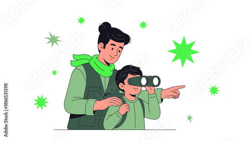 Father And Son Explores Nature Using Binoculars Adventure Together Outdoor Activities