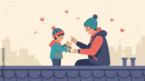 Father And Son Sharing A Special Moment On The Roof Against City Skyline