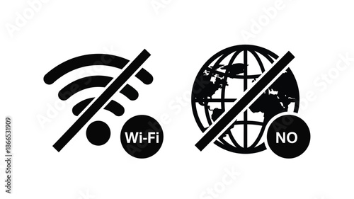 No wifi and no internet connection symbols in black silhouette