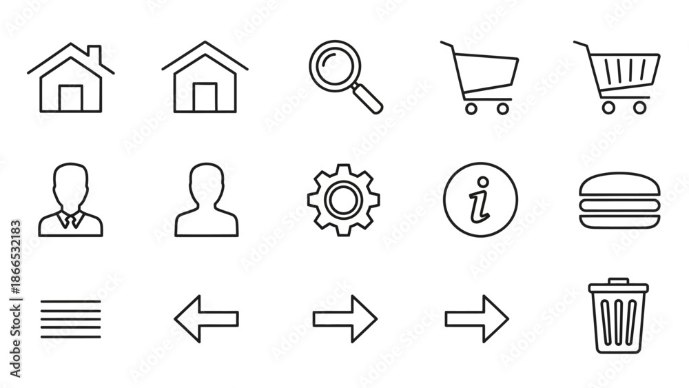Fototapeta premium Web Interface Navigation and Control Icons Set with Isolated White Background
