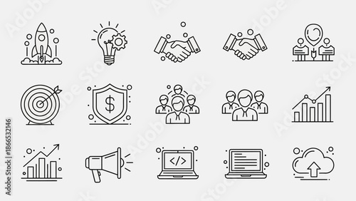 Business Startup Marketing and Strategy Line Icons Set in Bright Studio