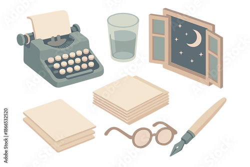 Vintage Writer's Night. Isometric vector illustration set Vintage Writer Night: typewriter keys like moon craters, glass of water,