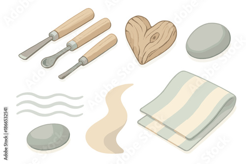 Handcraft Studio Icons. Isometric vector illustration set Shoreline Handcraft Studio: carving tools, driftwood heart, smooth