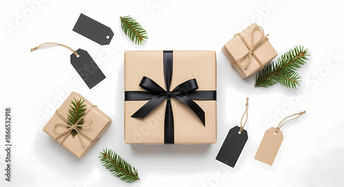 Elegant gifts wrapped in brown paper with black ribbons and pine branches