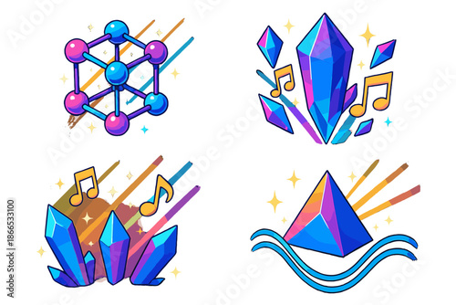 Crystalline Musical Lattice. Isometric vector illustration set Crystalline Lattice Song: shimmering lattice structure, crystal