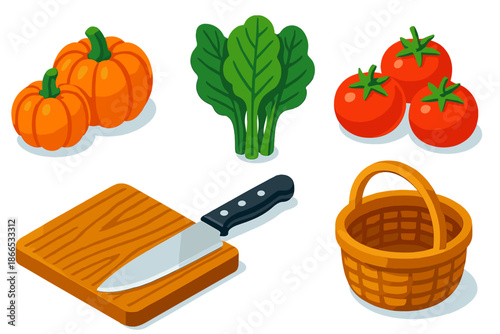 Chef's Harvest Icons. Isometric vector illustration set Chef's Harvest Palette: pumpkin cluster, leafy greens, ripe tomatoes,