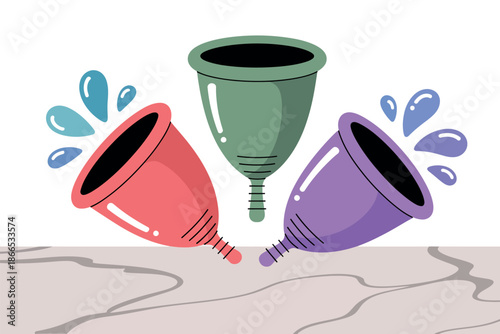 Three colorful menstrual cups are shown with water splashing out of them, symbolizing hygiene and ease of use.