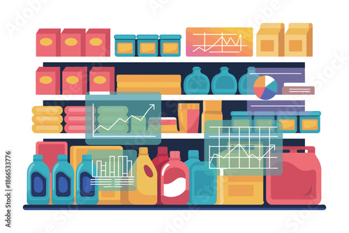 Shelves stocked with products and displaying graphs and charts of data analysis.
