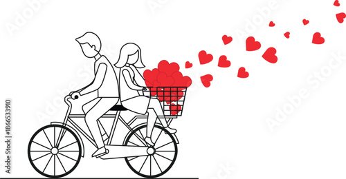 Couple riding a bicycle with hearts and a basket
