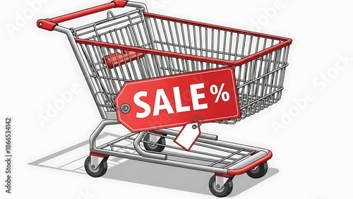 A shopping cart with a red sale tag on a white background