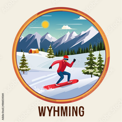 Wyhming mountain adventures cartoon illustration of a snowboarder in winter landscape with