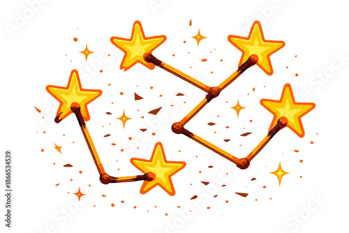 Burnt Matchstick Constellation. Isometric vector illustration set Burnt Matchstick Constellation: glowing stars connected by burnt