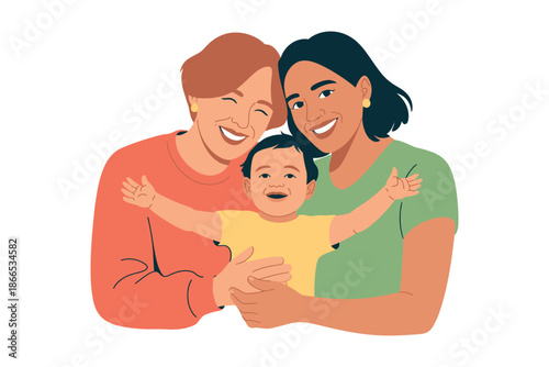 Two women embrace a happy baby with outstretched arms, representing family and love.