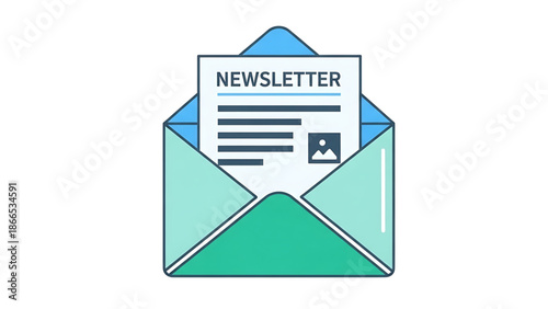 A vector graphic illustration of an open envelope with a newsletter inside