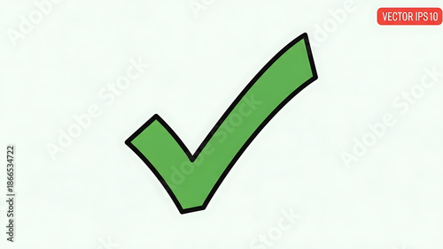 A green checkmark icon on a white background with a red vector label