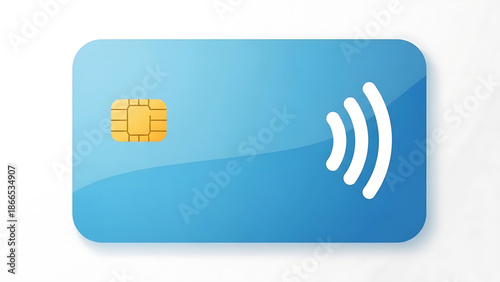 A blue contactless payment card with a gold chip and white signal waves