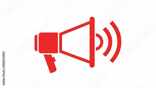 A red megaphone icon with sound waves on a white background