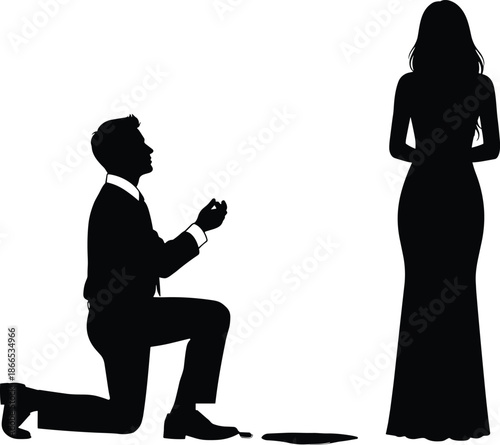 Silhouette of a man kneeling in proposal to a woman standing, romantic engagement scene, marriage proposal concept, love and commitment,