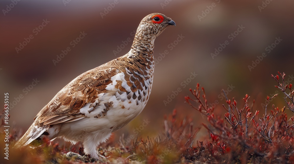 Obraz premium A friendly Willow Ptarmigan stands alert on the tundra near willow thickets, its mottled brown summer plumage blending subtly into the landscape 