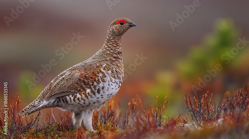 A friendly Willow Ptarmigan stands alert on the tundra near willow thickets, its mottled brown summer plumage blending subtly into the landscape 
