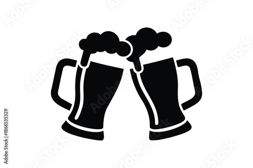 Black Silhouette Beer Mugs Toasting On White Background