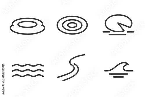 Pond Line Icons. Line style icons of Pond: calm pond, ripple circle, lily pad, soft water line, curved shore, small wave. No text,