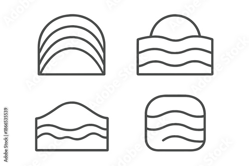 Earth Layers Icons. Line style icons of Earth Layers: gentle strata line, subtle ridge, natural ground arc, small patch form,