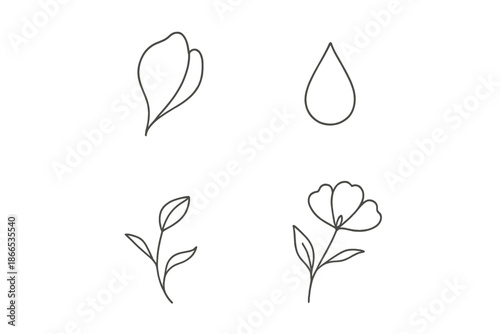 Floral Line Icons. Line style icons of Floral Elements: soft petal hint, tiny droplet, curved stem detail, gentle bloom line,
